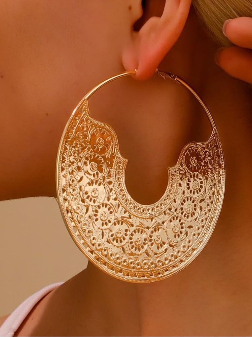 Gold Filigree Crescent Hoop Earrings